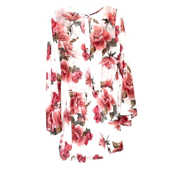 Show Me Your Mumu Roses Floral Pink Red White Dress Large Bell Sleeves Large - Picture 2 of 15